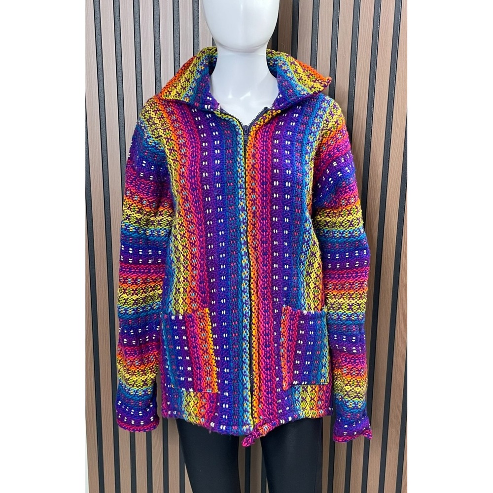 Earth Ragz Women's L Blue Sweater 100% Wool Cardigan Knit Zip Rainbow Artsy